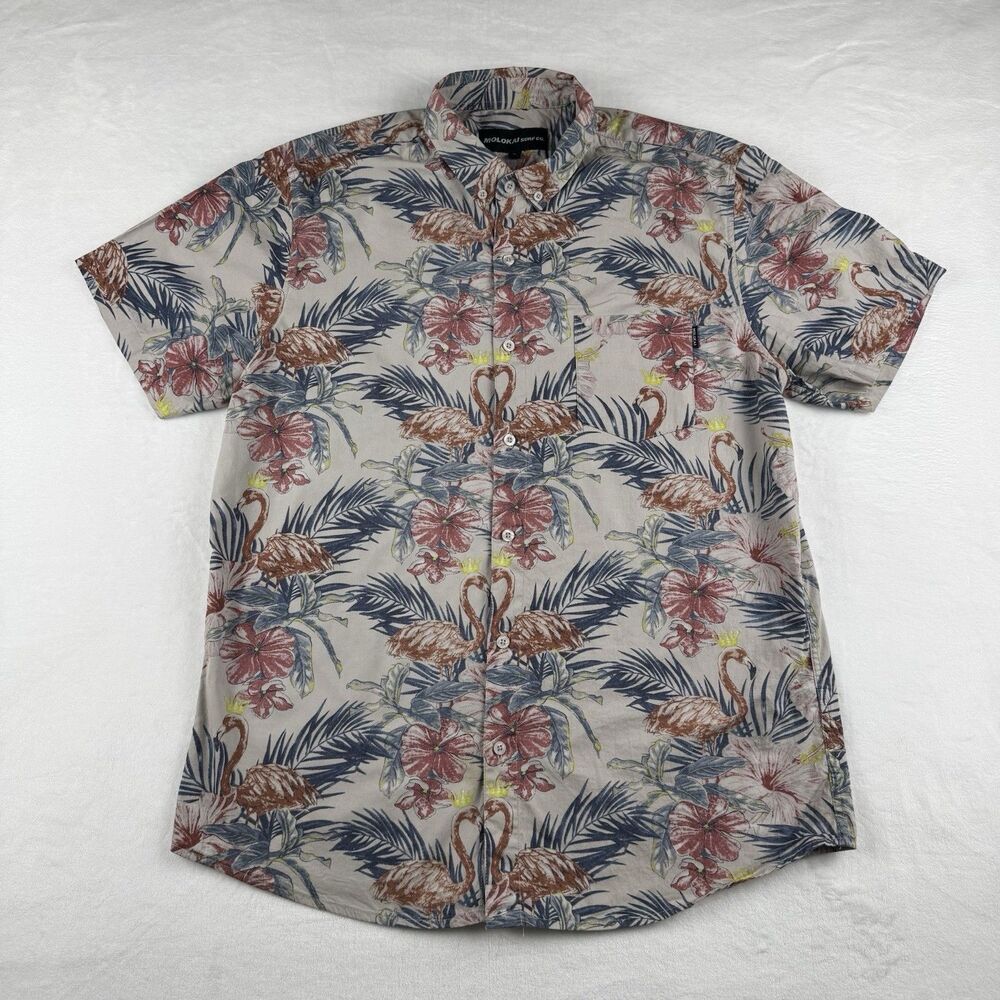 Molokai Surf Co. Men’s L Short Sleeve 100% Cotton Shirt  AOP Flamingo Tropical